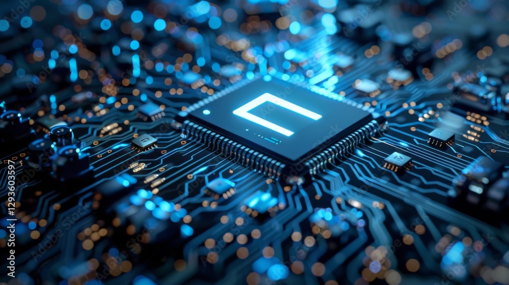 Poster exploring the intricate design of a computer circuit board illum