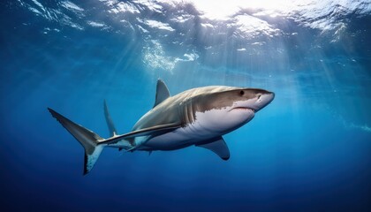 Fototapeta premium Great White Shark Gliding Through CrystalClear Underwater Depths at Twilight, Showcasing Majestic Power and Elegance Under Neon Blue Waters