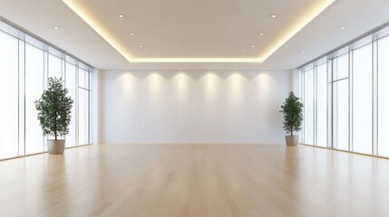 A bright, empty room with light wood floors, white walls, and large windows is symmetrically framed by two potted plants