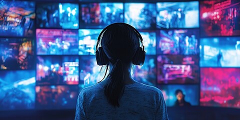 Obraz premium Woman Wearing Headphones Watching Multiple Videos on a Large Screen