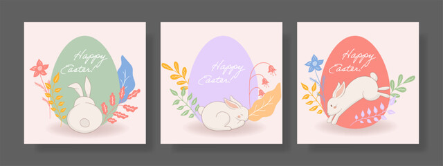 Easter set. Bunny sitting with back turned, green egg, decorative leaves, blooming flowers, gentle spring colors, delicate festive composition, Easter greeting, soft artistic style