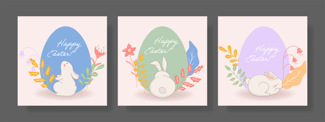 Easter set. Resting rabbit, blue egg, floral ornament, golden leaves, delicate petals, soft pastel hues, seasonal greeting, peaceful spring atmosphere, artistic festive design