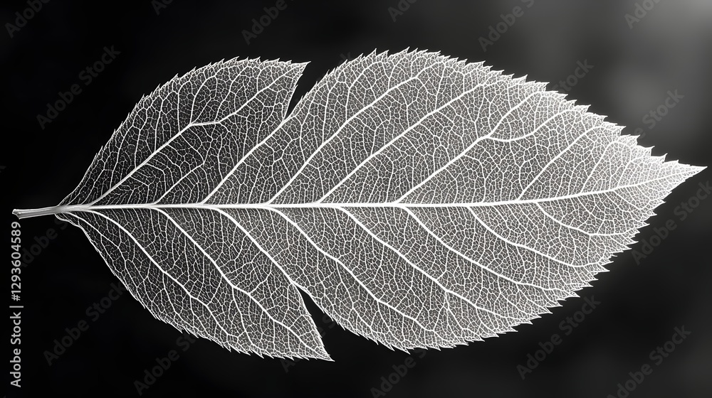 Poster A striking monochrome image of a leaf's delicate skeleton, showcasing intricate vein patterns and elegant form. Intricate Leaf Skeleton: A Monochrome Masterpiece of Nature's Design