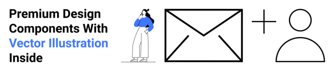 Woman looking curious beside envelope and user icon, emphasizing design tools and communication. Ideal for marketing, branding, messaging, user interaction, creativity, networking, flat landing page