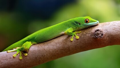 Fototapeta premium Vivid Green Madagascar Day Gecko Perched on Textured Bark, Basking in the Lush Rainforest Canopy with a Dynamic Energy and Vibrant Colors.