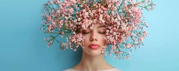 A captivating portrait of a woman adorned with a stunning floral headpiece, filled with delicate pink flowers against a serene blue backdrop, embodying beauty and tranquility.
