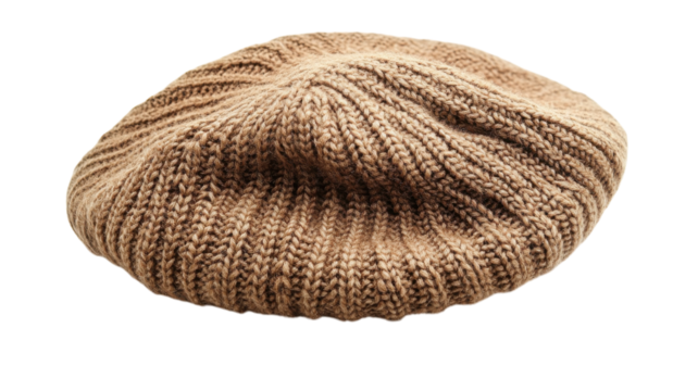 Knitted beret made of soft beige yarn displayed on a plain background highlighting its texture and design details