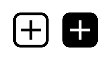 Add button icon on black square. Plus sign symbol