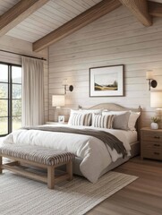 A beautiful bedroom with a bed and a decorative bench