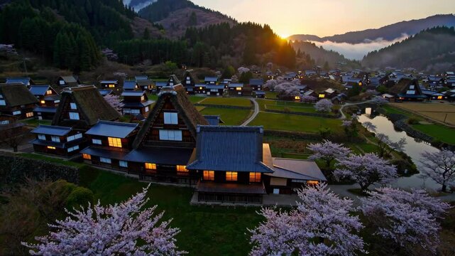 Aerial View of Shirakawa-go in Spring: A Traditional Japanese Village in Full Sakura Bloom