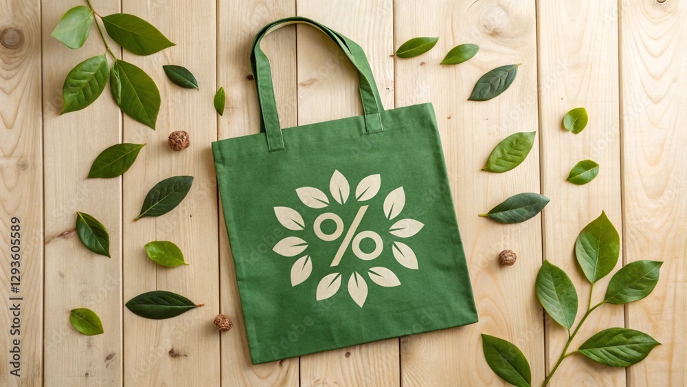 Canvas Prints Eco-conscious green paper bag with a percentage symbol, adorned with leaves, placed on a natural wood background, representing green deals and environmental awareness