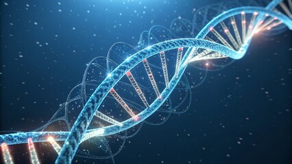 High-tech visualization of DNA structure with glowing connections and molecular details on a dark blue gradient, suitable for presentations on genetics, genomics, and medical technology