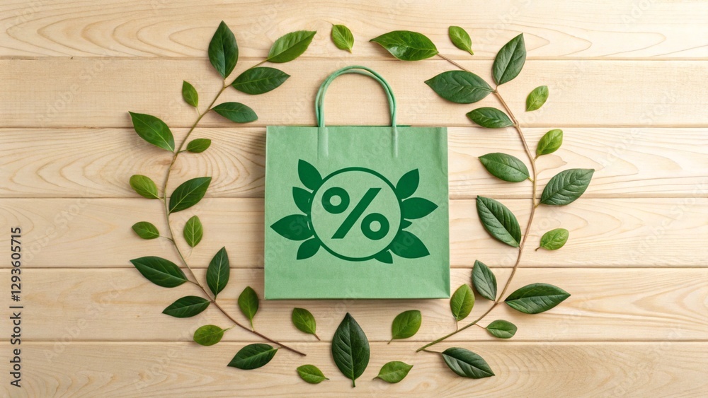 Wall mural Sustainable green shopping bag with a discount percentage icon, encircled by foliage on a wooden plank, highlighting eco-friendly promotions and nature-inspired savings