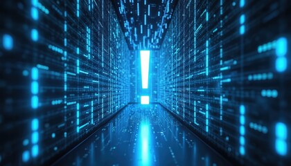 Glowing exclamation mark in digital tunnel of blue binary code streams. AI anomaly detection, emergency response concept. Futuristic, dramatic backlighting. Visualization, monitoring, alerting