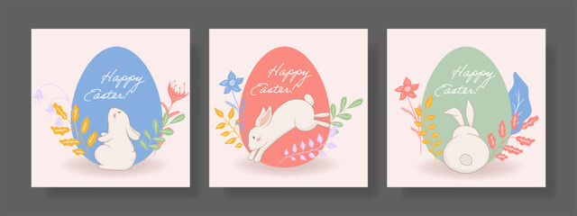 Easter set. Jumping rabbit, red egg, blooming flowers, vibrant nature-inspired composition, soft pastel tones, festive greeting, artistic seasonal decoration, spring celebration