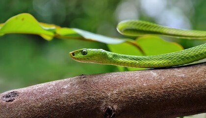Obraz premium Fierce Green Vine Snake Poised for Attack, Stunning Display of Natures Camouflage in the Amazon Rainforest, Capturing a Moment of Predation and Survival
