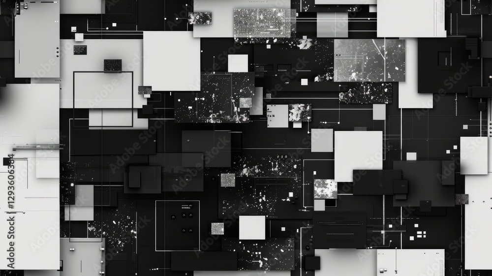 Fototapete The abstract picture of glitch circuit in square shape sketched by black color use shading to express software effect and algorithm graphic of digital chip through modern and electronic style. AIG53.