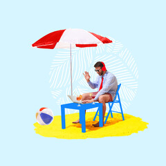 Man in business shirt, tie, wearing red headphones, sitting at blue desk on sand under beach...
