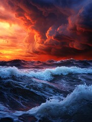 Fototapeta premium Dramatic Sea Wave Under Fiery Sunset with Dark Clouds Above