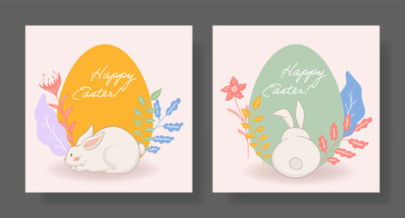 Easter set. Sleeping rabbit, lilac egg, intricate floral ornament, warm botanical hues, soft pastel colors, delicate festive design, peaceful holiday greeting, gentle seasonal theme.