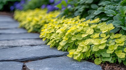 Creeping Jenny with Bright Green Leaves Spreading Along Garden Paths  Ideal for Ground Cover  capturing the natural beauty of creeping jenny in gardens and landscapes