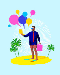 Man in sunglasses, business shirt, tie, flippers, standing on sand, holding yellow laptop and pink...