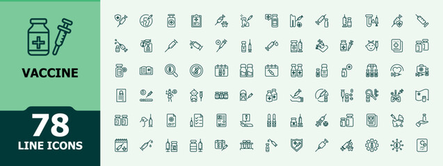 Vaccine icons. Sign and symbol. It contains symbols to therapy, medical, dose, immune, hand, care, inject, covid. Collection for mobile and web apps. Minimalistic linear icons.