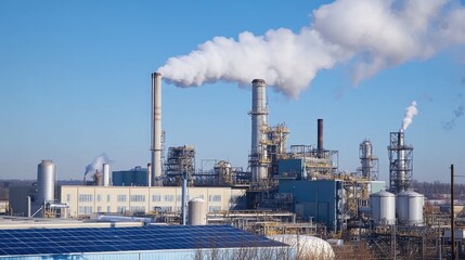 Industrial Complex with Emission Plumes under a Clear Blue Sky