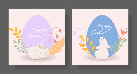Easter set. Sleeping rabbit, lilac egg, delicate floral decorations, pastel botanical elements, soft holiday design, gentle spring colors, festive greeting, seasonal celebration