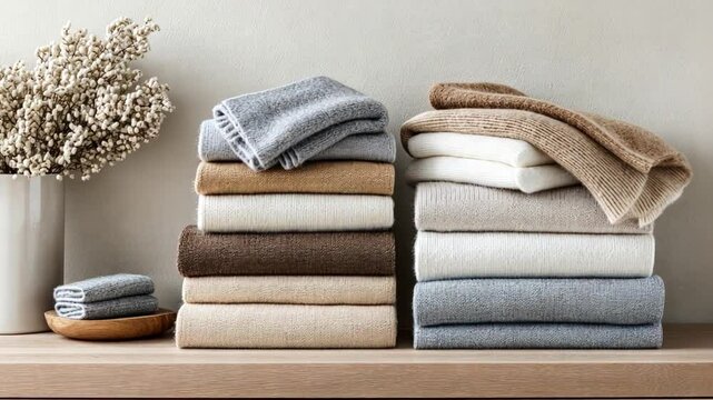 Cozy Comforts: A curated stack of plush blankets and towels in calming neutral hues adorn a rustic wooden shelf, enhanced by minimalist d&eacute;cor, inviting relaxation. 