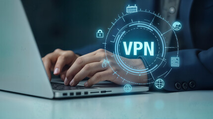 VPN graphic interface over laptop and hands; circular futuristic interface with text "VPN" and icons; modern digital interface; neutral white table background
