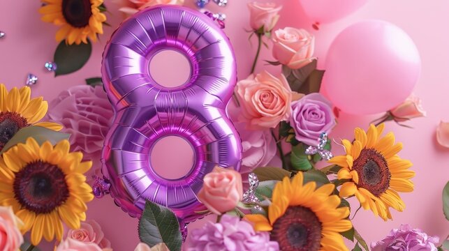 Festive birthday celebration featuring a large purple number eig