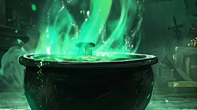 Mystical green potion bubbling in an ancient alchemist's laboratory surrounded by magical artifacts