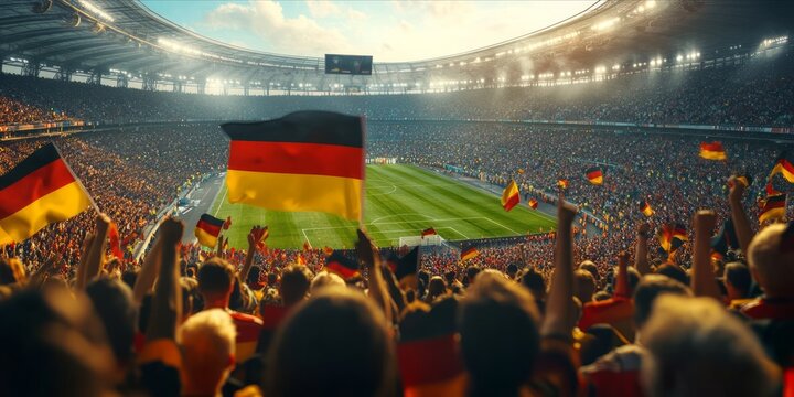 Germany Flag fans cheer enthusiastically at the football stadium.