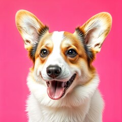 A corgi dog with white fur, sitting and smiling with its tongue out, in a pink background