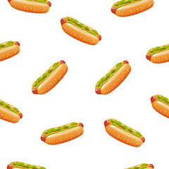 Cartoon vector seamless pattern with classical hot dog fast food isolated on white background.
