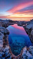 Rock pool reflecting vibrant sunset over ocean with rocky shore, vivid colors and seascape view. Tranquil nature and serenity concept