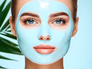 Woman with clay mud on background with green palm leaves. Relaxing at home. Beauty self care. Skincare and facial treatment concept. Natural organic cosmetic products. Spa wellness treatment concept.