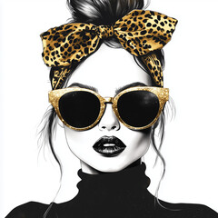 Chic Black-and-White Fashion Illustration of a Stylish Woman