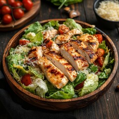 Caesar salad: chicken, veggies, wood.