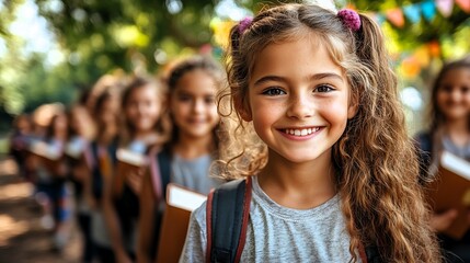 Fototapeta premium Bright festive scene featuring students returning school colorful banners open books and diverse faces smiling set in an inviting schoolyard with copy space for welcome messages