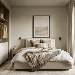 A bed with a white comforter and a plaid blanket. There are pillows on the bed