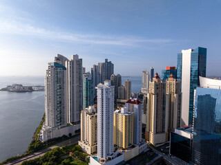 High angle view of Panama City skyline in the early morning light - stock photo