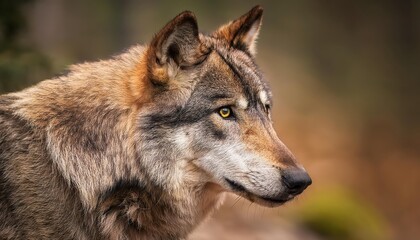 Fototapeta premium Grey Wolf Canis lupus Portrait Majestic Solitary Canid Gazing Intently Amidst Snowy Landscape, Radiating Power and Mystique in Early Winter Twilight