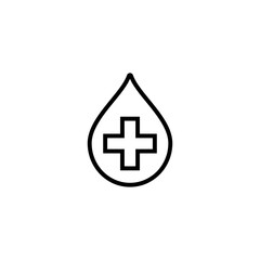 Icon of a medical cross inside a drop. Outline vector illustration on white background.