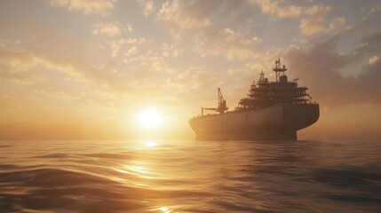 Obraz premium Majestic Sunset over the Ocean with a Cargo Ship