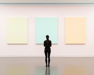 Fototapeta premium A minimalist art gallery with pastel-colored walls and abstract paintings, with a person in silhouette admiring the artwork, leaving space for text overlays