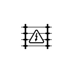 Warning icon depicting electric fence with danger symbol and lightning bolt. Isolated vector illustration.