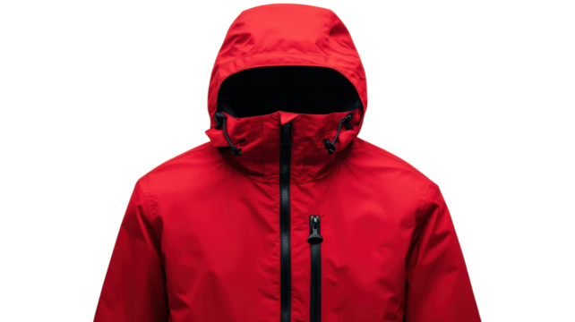 Bright red jacket with hood designed for outdoor activities in cold weather conditions
