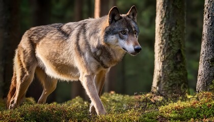 Fototapeta premium Grey Wolf Roaming Through a Dense Forest at Twilight, Majestic Mammal Captured in an Enchanting Winter Scene with SnowCovered Branches and Shadows